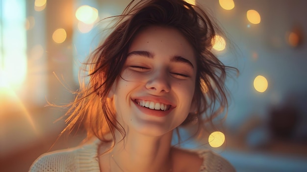Lächelnde Frau mit im Wind wehenden Haaren Generative KI