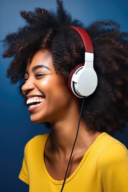 Lächelnde Frau mit Kopfhörern, blauer Hintergrund, glückliche afroamerikanische Frau