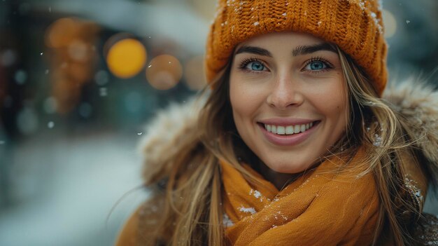 Lächelnde Frau mit orangefarbenem Hut und Schal im Schnee