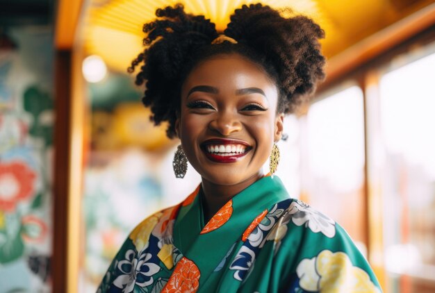 Lächelnde Frau mit schwarzer Haut im traditionellen roten Kimono-Sakura