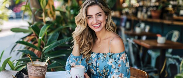 Lächelnde Frau mittleren Alters mit wellenförmigen blonden Haaren und leichtem Make-up in einem blauen Blumenkleidmuster