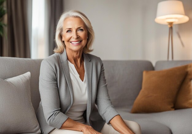 Lächelnde Frau mittleren Alters sitzt zu Hause auf dem Sofa, Single, reife Senioren im Wohnzimmer