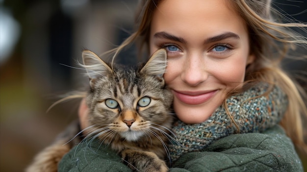 Lächelnde Frau umarmt Tabby Katze im Freien