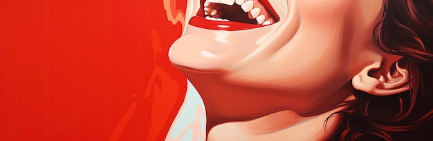 lächelnde Frau und voll geöffneter Mund auf rotem Hintergrund im Stil polierter Handwerkskunst