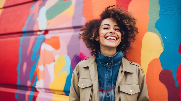 lächelnde Frau vor einer bunten Wand mit gemaltem Gesicht Generative KI