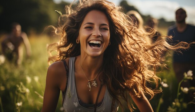 Foto lächelnde frauen im freien, junge erwachsene, glück und heiterkeit, erzeugt durch künstliche intelligenz.