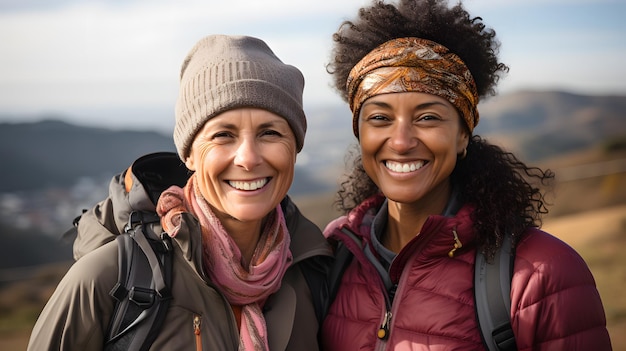 lächelnde Frauen in Winterkleidung, die nebeneinander auf einem Berg stehen Generative KI