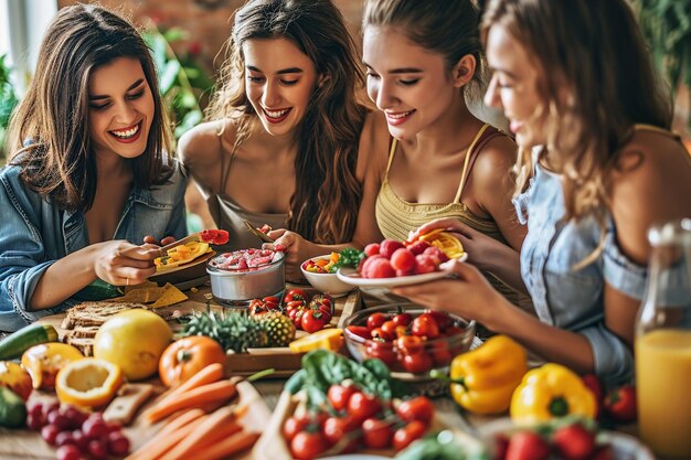 Foto lächelnde frauen mit gesundem essen