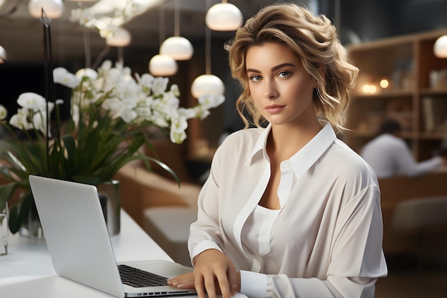 lächelnde Geschäftsfrau arbeitet und online Treffen im Café und Büro Geschäftsleute