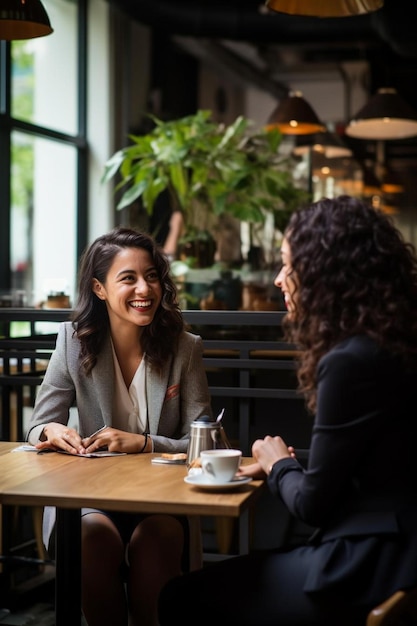 lächelnde Geschäftsfrau diskutiert mit einem Bürofreund im Café