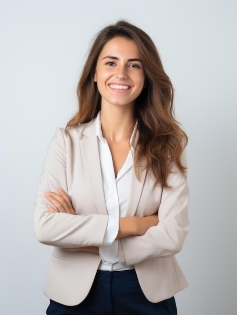 Lächelnde Geschäftsfrau für das Team einer Website-Ansicht über der Taille, weißer Hintergrund