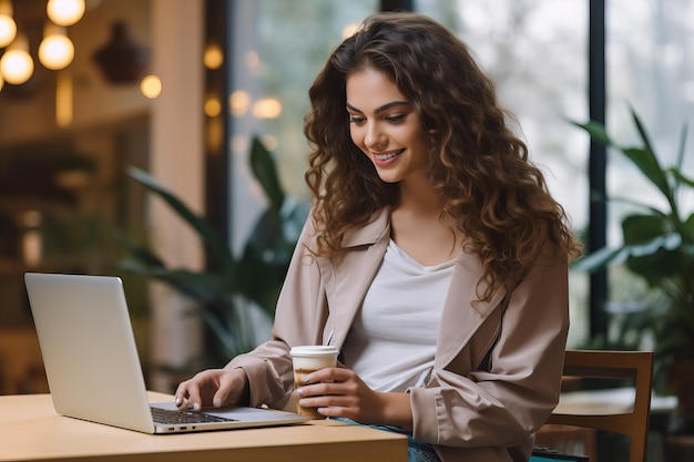 lächelnde Geschäftsfrau mit Laptop und einer Tasse Kaffee im Café