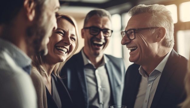 Foto lächelnde geschäftsleute genießen den erfolg in einem fröhlichen büro, das durch künstliche intelligenz generiert wird