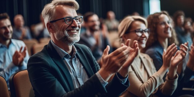 Lächelnde Geschäftsleute im Publikum bei einem Seminar, die applaudieren und Erfolge und Teamarbeit feiern. Ein lebendiger Workshop oder eine Konferenz voller Freude und Unterstützung für generative KI