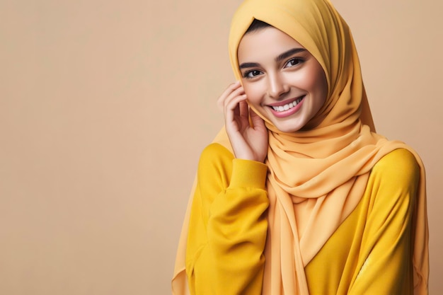 Lächelnde, glückliche arabische muslimische Frau in gelber Hijab-Kleidung