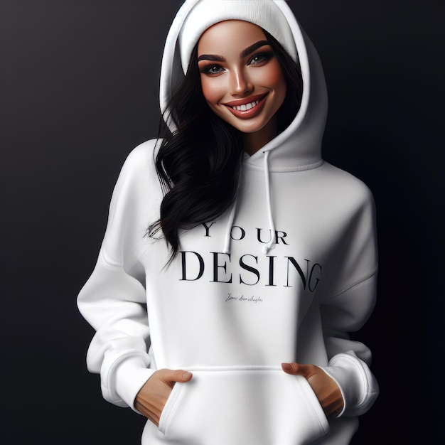 Lächelnde, glückliche Frau mit Hoodie-Mockup