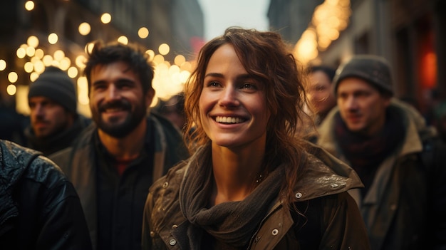 Lächelnde, glückliche, schöne junge Frau, die auf einer überfüllten Stadtstraße spaziert