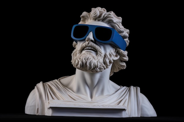 Lächelnde griechische Statue trägt eine VR-Brille