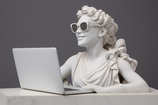 Lächelnde griechische Steinstatue mit Sonnenbrille und Laptop