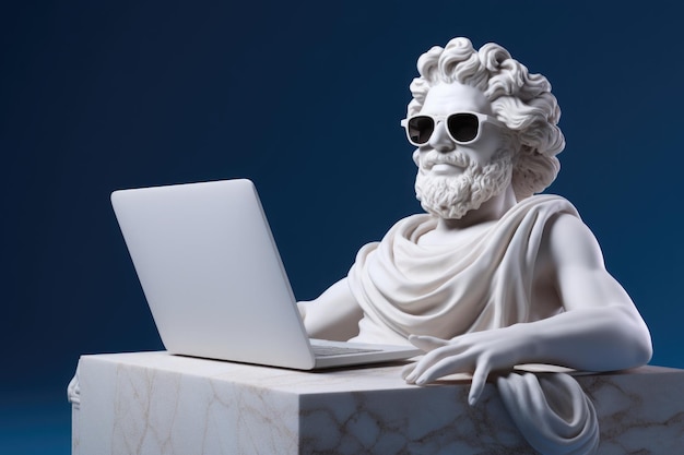 Lächelnde griechische Steinstatue mit Sonnenbrille und Laptop