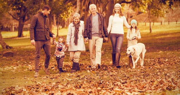 Lächelnde Großfamilie, die zusammen spazieren geht