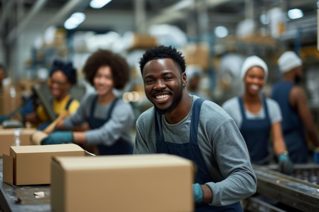 lächelnde Gruppe von Fabrikarbeitern, die ein Produkt an einer Montageanlage in einer Fabrik verpacken k echtes Foto