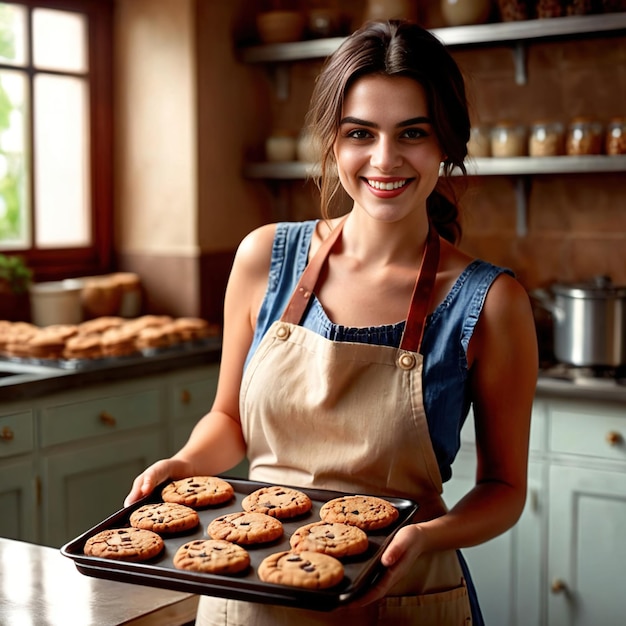 Foto lächelnde hausfrau serviert frisch gebackene kekse in der küche
