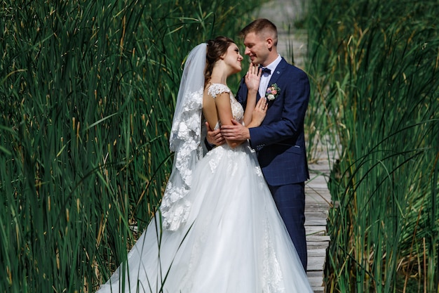 Lächelnde Hochzeitspaare, die auf Holzbrücke gehen. glückliche Braut und Bräutigam umarmt leicht und küsst draußen im hohen grünen Gras.