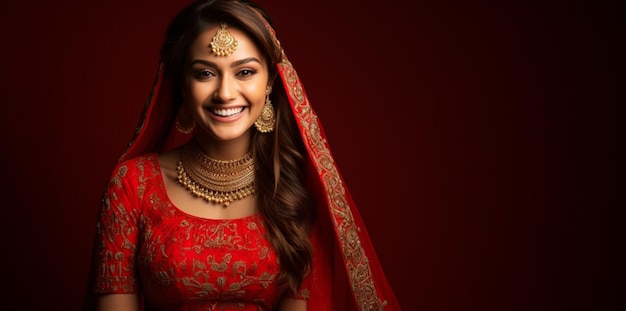 Lächelnde indische Braut trägt rote Lehenga und Schmuck