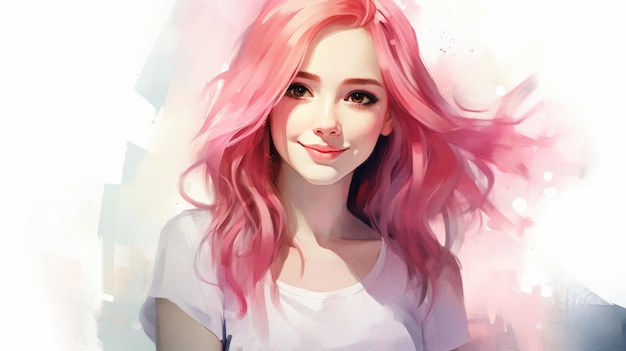 Lächelnde jugendliche weiße Frau mit rosa glattem Haar, Aquarell-Illustration. Porträt einer lässigen Person auf weißem Hintergrund mit Kopierraum. Fotorealistische, KI-generierte horizontale Illustration
