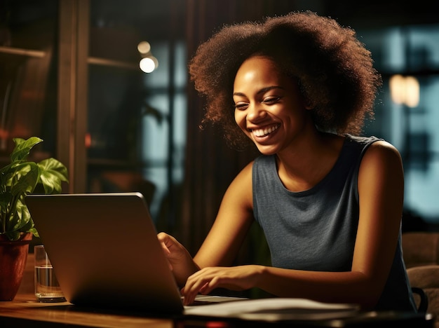 lächelnde junge afrikanische frau, die zu hause am laptop-computer am tisch arbeitet