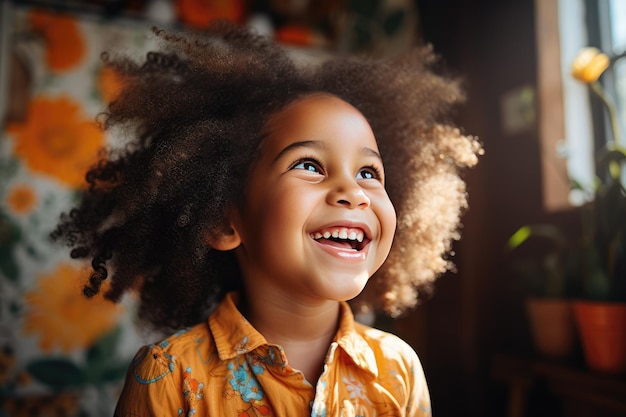 Lächelnde junge Afro-Mädchen in ihrem Wohnzimmer mit blumigem Wandhintergrund und fröhlichem Gesicht