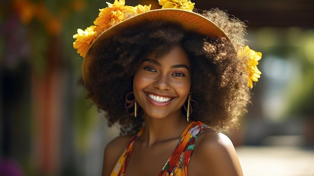 Lächelnde junge afroamerikanische Frau, die den Sommer im Freien genießt