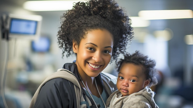 Lächelnde junge afroamerikanische Krankenschwester mit einem Baby im Krankenhaus