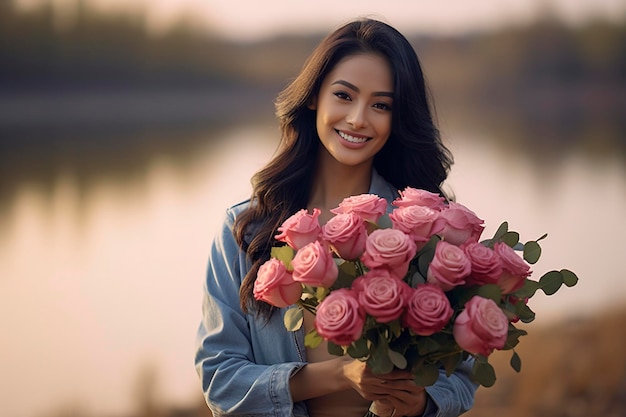 lächelnde junge asiatische Frau erhält Blumen