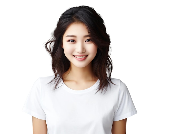 Lächelnde junge asiatische Frau in einem weißen T-Shirt, isoliert auf weißem oder durchsichtigem Hintergrund