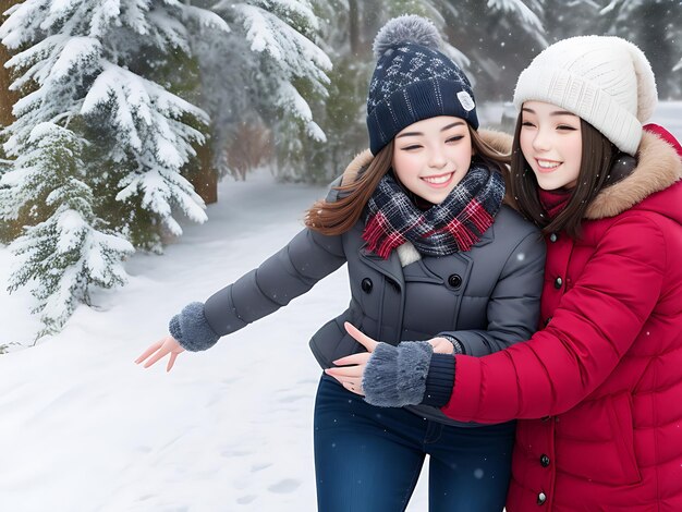 Lächelnde junge Erwachsene umarmen sich im Winterwunderland