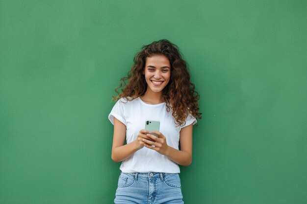 Lächelnde junge Frau hält ein Smartphone auf einem grünen Hintergrund.