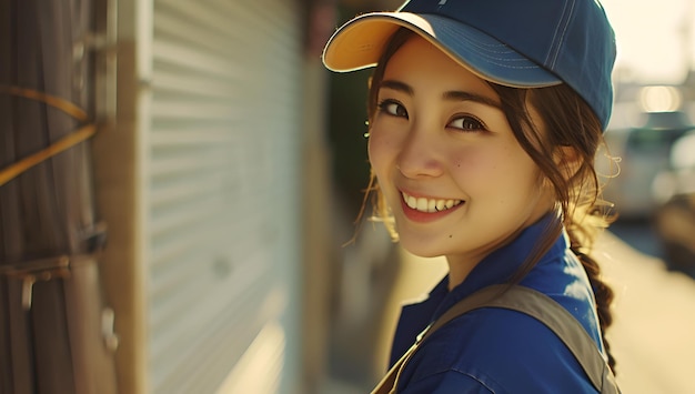 Lächelnde junge Frau in einer blauen Mütze, die über ihre Schulter schaut, draußen in einer warmen, sonnigen städtischen Umgebung, die perfekt für Lifestyle-Werbung ist.