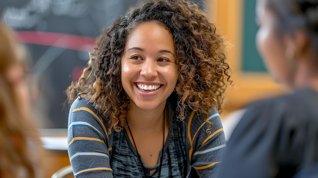 Lächelnde junge Frau in Freizeitkleidung führt ein Gespräch Authentischer Studenten-Lebensstil erfasst in Innenräumen Candid Shot KI