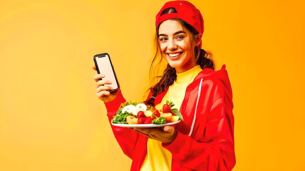 Lächelnde junge Frau in roter Kleidung mit gesundem Salat und Telefon Gesundes Lebensstilkonzept Lebendige Farben Porträtorientierung Aktienbild KI