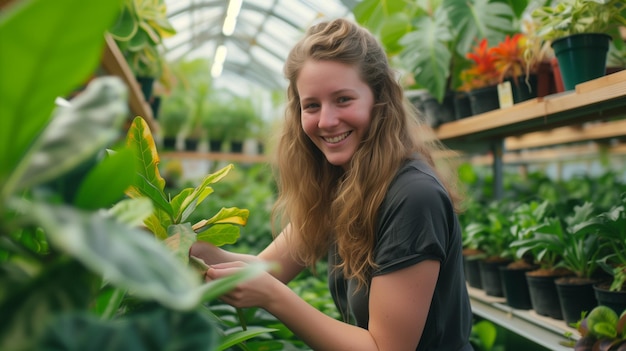 Lächelnde junge Frau kümmert sich um Pflanzen in einem üppigen Gewächshaus Frau im Gewächhaus auf einem Bauernhof mit Gemüse