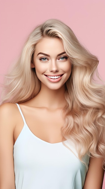 Lächelnde junge Frau mit blonden Haaren auf pastellfarbenem, flachem Hintergrund mit Kopierraum