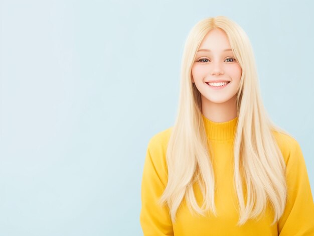 Lächelnde junge Frau mit blonden, lang gepflegten Haaren, isoliert auf pastellflachem Hintergrund mit Kopierraum