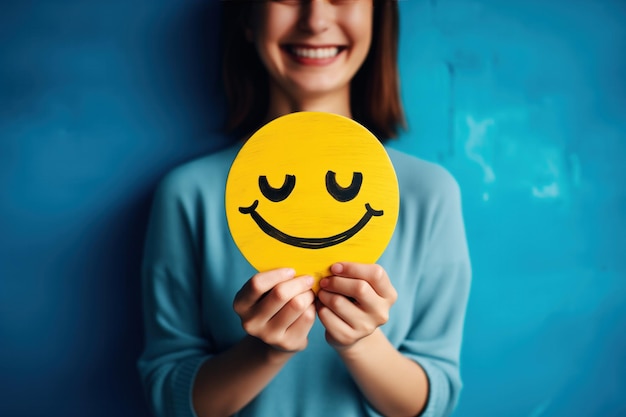 Foto lächelnde junge frau mit einem gelben smiley-emoticon