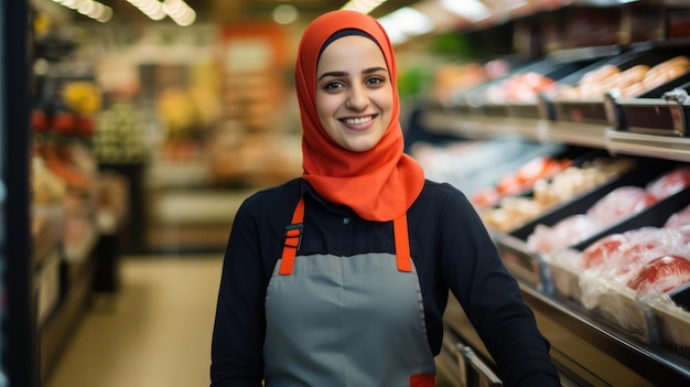 Lächelnde junge Frau mit Hijab in Supermarktarbeiterin schaut in die Kamera