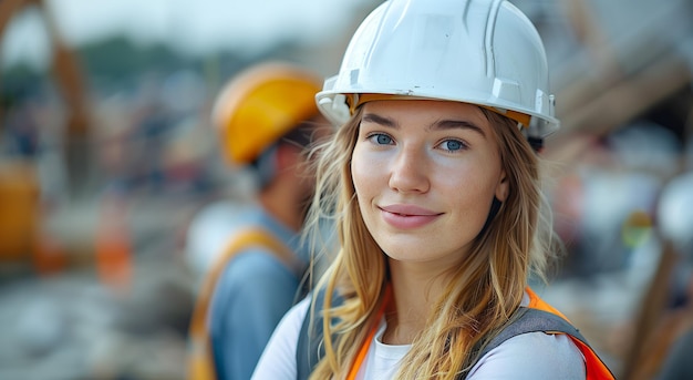 Lächelnde junge Frau mit Hut auf der Baustelle mit beschäftigter Mannschaft hinter ihr