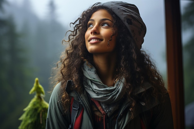 Lächelnde junge Frau mit Hut und Schal in einer nebligen Gebirgslandschaft