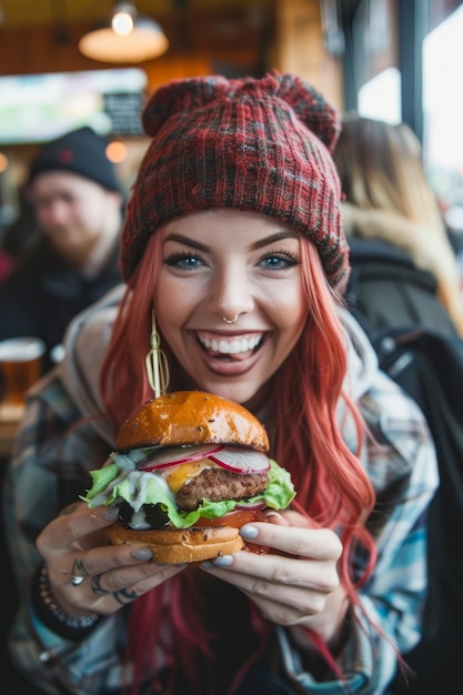 Lächelnde junge Frau mit roten Haaren genießt einen Gourmet-Burger in einem gemütlichen Restaurant