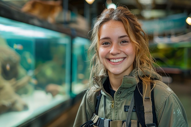 Lächelnde junge Frau mit Rucksack besucht öffentliches Aquarium Glückliche Touristin genießt Marine